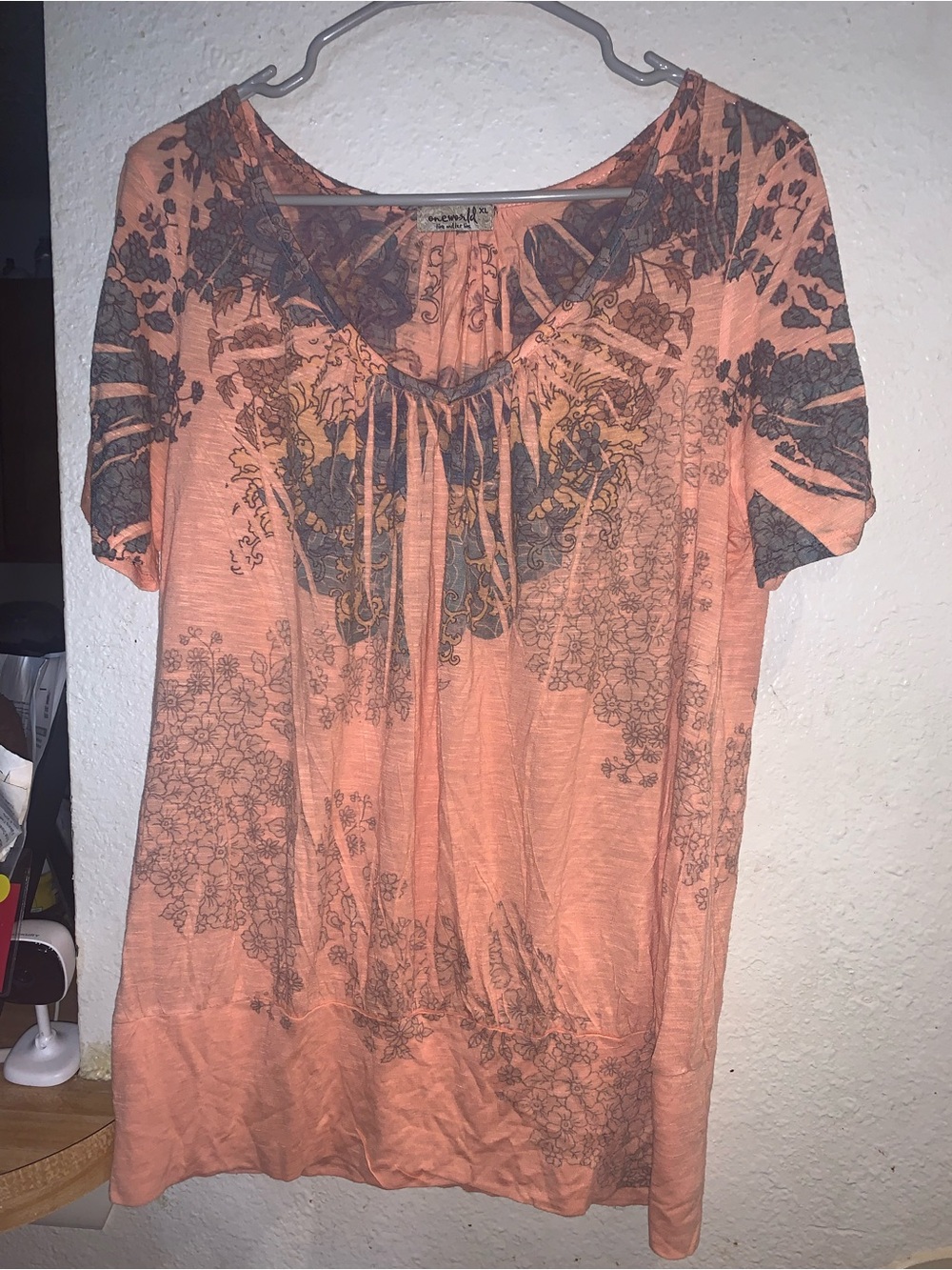 ONE WORLD Peach Short-Sleeve Printed Tunic